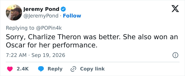 Social media post praising Charlize Theron as the better actor for the disturbing criminal role Social media post praising Charlize Theron as the better actor for the disturbing criminal role