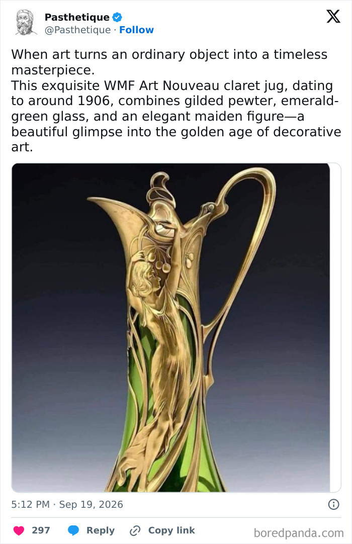 Aesthetic Art Nouveau claret jug with gilded pewter and green glass