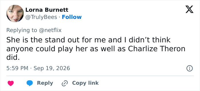 A social media comment comparing Charlize Theron to another actor playing a disturbing criminal A social media comment comparing Charlize Theron to another actor playing a disturbing criminal