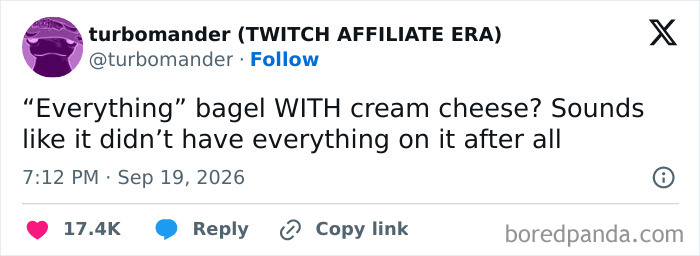 Funny tweets questioning the literal definition of an everything bagel with cream cheese.