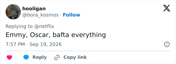 A tweet praising a disturbing criminal portrayal, mentioning Emmy and Oscar A tweet praising a disturbing criminal portrayal, mentioning Emmy and Oscar