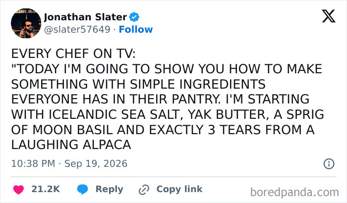 Funny tweets mocking TV chefs who use overly exotic and hard-to-find ingredients.