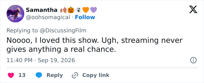 Tweet displaying furious backlash over Amazon cancels female-centric show, expressing disappointment in streaming.