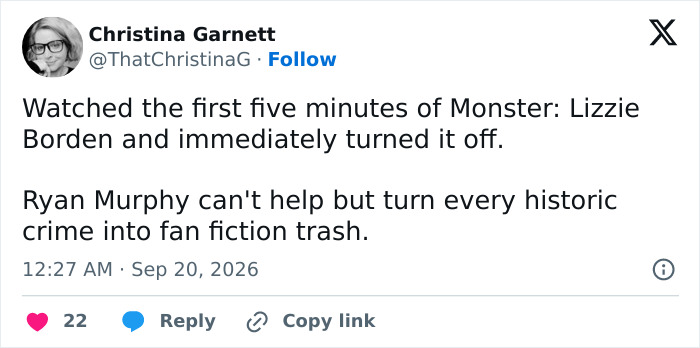 Tweet criticizing Monster Lizzie Borden series as fan fiction trash by Ryan Murphy Tweet criticizing Monster Lizzie Borden series as fan fiction trash by Ryan Murphy