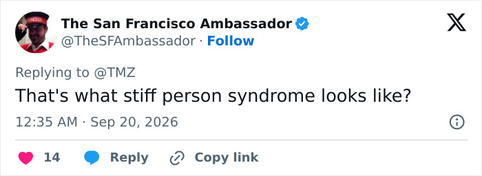 Tweet asking if stiff person syndrome looks like Celine Dion's condition Tweet asking if stiff person syndrome looks like Celine Dion's condition