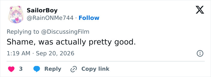 X post highlighting a fan's reaction of furious backlash as Amazon cancels female-centric show, calling it good.