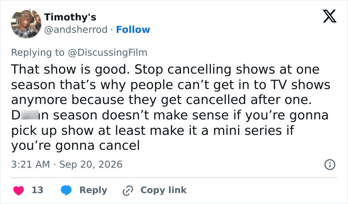 User complaint on X about canceling series after one season, linked to Amazon cancels female-centric show