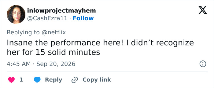 A tweet praising the performance of an actor playing a disturbing criminal A tweet praising the performance of an actor playing a disturbing criminal
