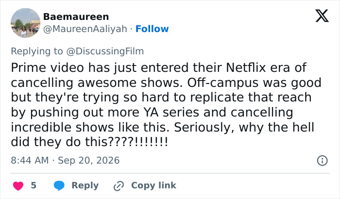 Social media post comparing Prime Video to Netflix, referencing when Amazon cancels female-centric show