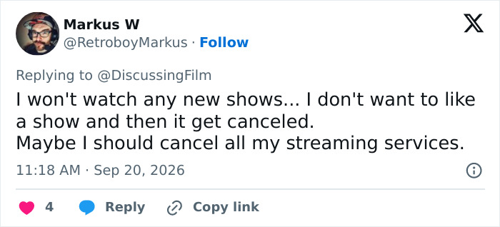 A fan post expressing frustration because Amazon cancels female-centric show.