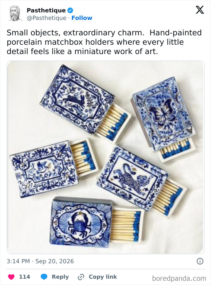 Miniature hand-painted porcelain matchbox holders displaying aesthetic art