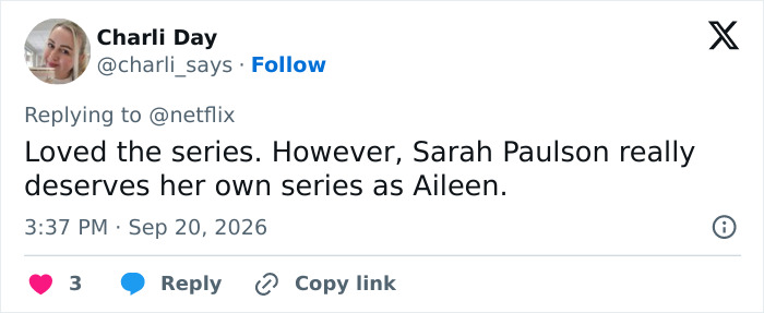 A social media tweet praising Sarah Paulson for playing a disturbing criminal A social media tweet praising Sarah Paulson for playing a disturbing criminal