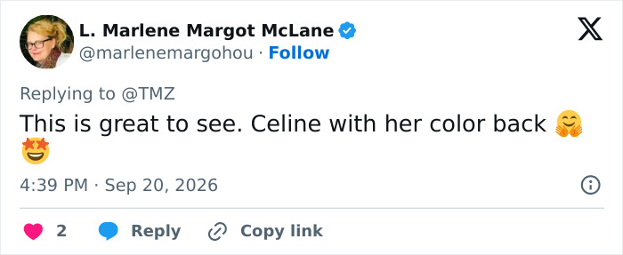 Fan tweet praises Celine Dion's comeback showing vibrant health and color Fan tweet praises Celine Dion's comeback showing vibrant health and color