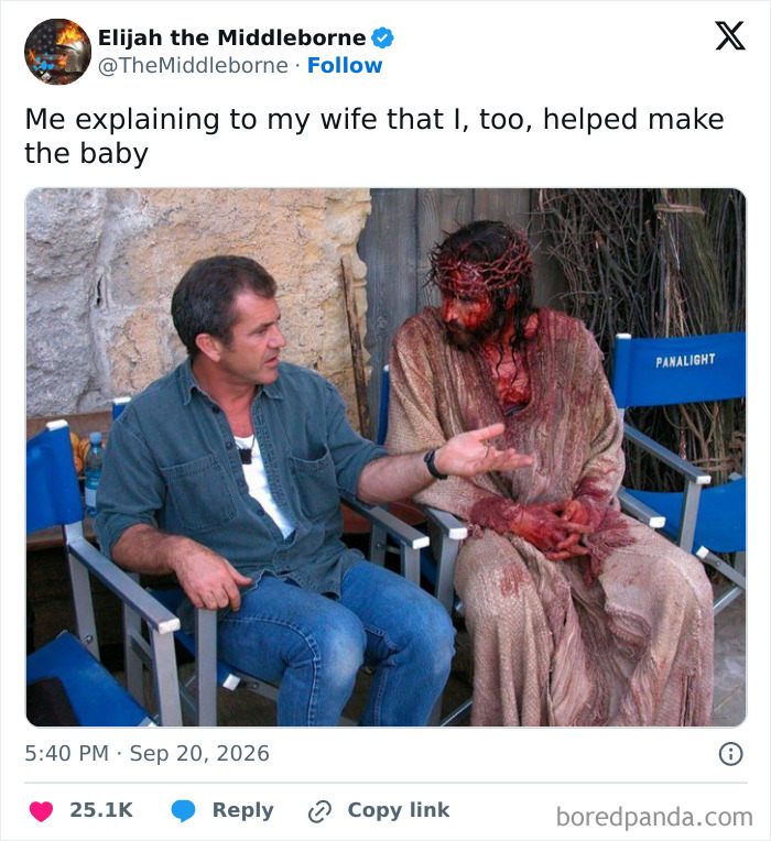 A meme of Mel Gibson talking to Jesus used as a joke when parents vented about pregnancy.