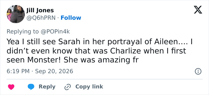 A social media post debating which actor best portrayed the disturbing criminal Aileen Wuornos. A social media post debating which actor best portrayed the disturbing criminal Aileen Wuornos.