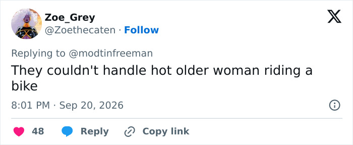 Tweet expressing backlash over Amazon cancelling a female-centric show, mentioning they couldn't handle an older woman riding a bike.