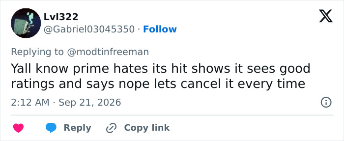 Tweet displaying backlash over Amazon cancelling its hit shows despite strong viewership and ratings.
