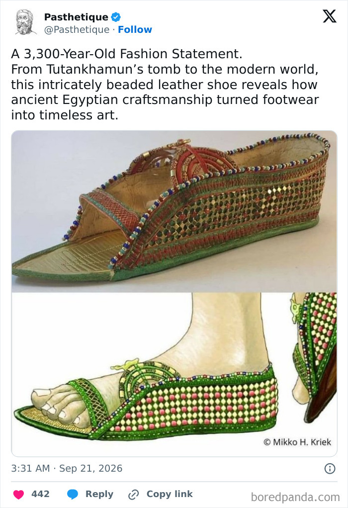 Aesthetic ancient Egyptian beaded leather shoe from Tutankhamun's tomb, illustrating historical fashion.
