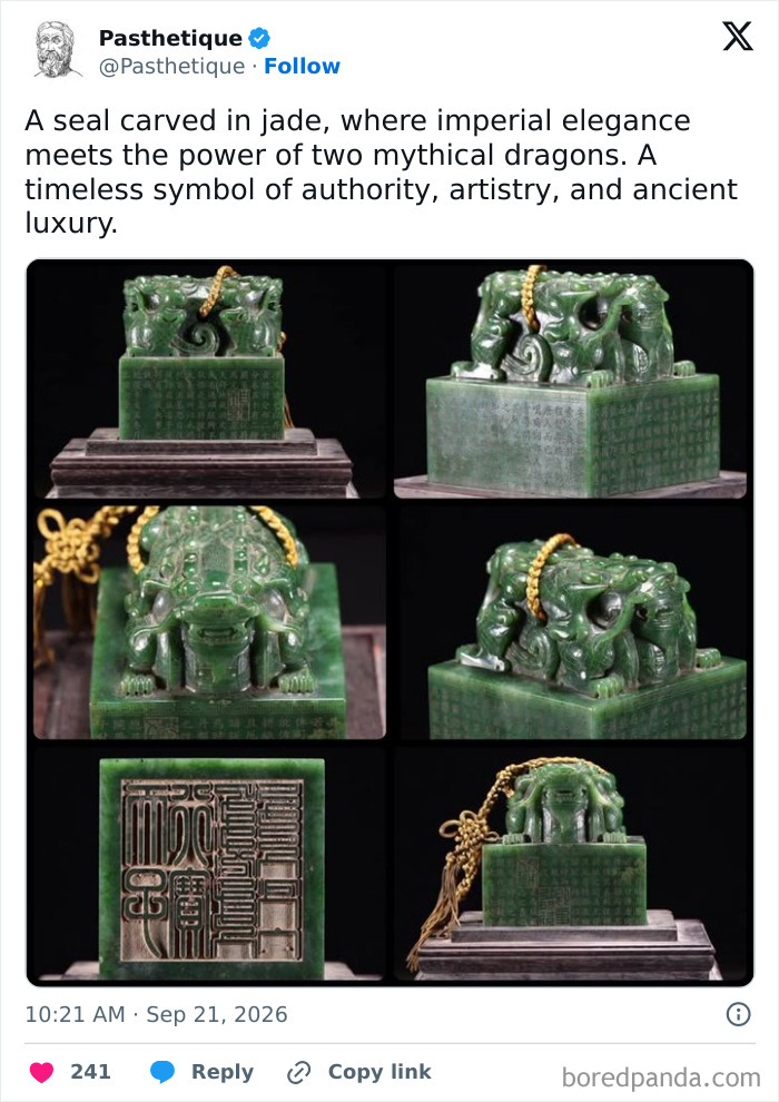 An imperial jade seal carved with two mythical dragons representing history and culture.