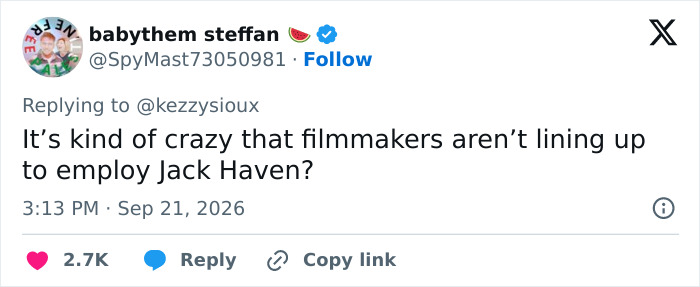 A social media post praising trans actor Jack Haven and questioning why filmmakers are not hiring them A social media post praising trans actor Jack Haven and questioning why filmmakers are not hiring them