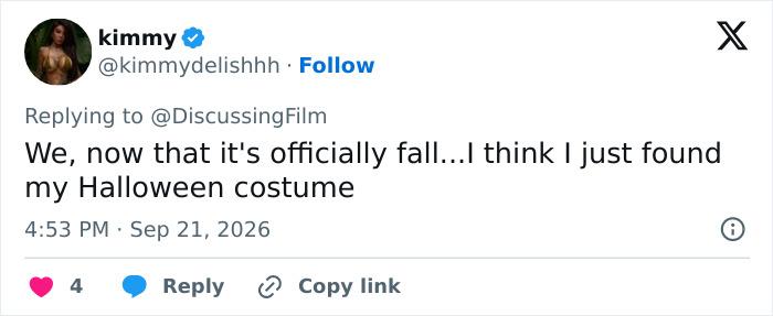 A social media post reacting to a Hollywood actress’ physique, discussing Halloween costume ideas. A social media post reacting to a Hollywood actress’ physique, discussing Halloween costume ideas.