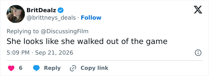 A tweet on X praising a Hollywood Actress' Physique in a video game adaptation. A tweet on X praising a Hollywood Actress' Physique in a video game adaptation.