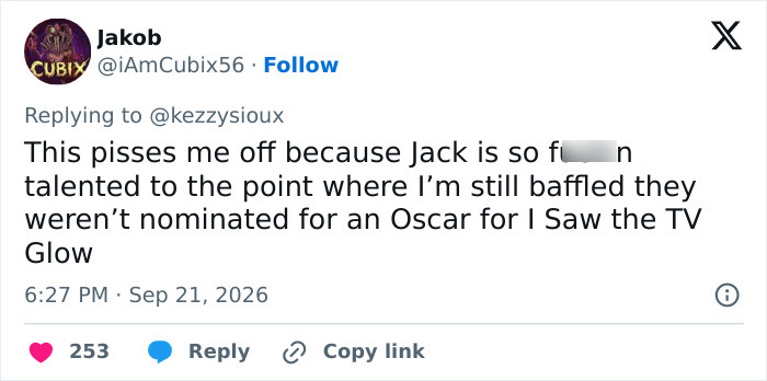 A social media post discussing a trans actor's talent and recognition in Hollywood. A social media post discussing a trans actor's talent and recognition in Hollywood.