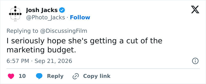 A social media tweet commenting on the Hollywood actress's impressive marketing impact A social media tweet commenting on the Hollywood actress's impressive marketing impact