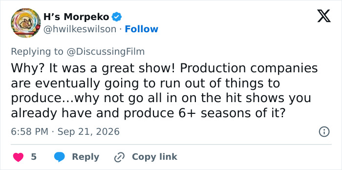 A tweet questioning the decision to cancel a great series, illustrating Amazon cancels female-centric show