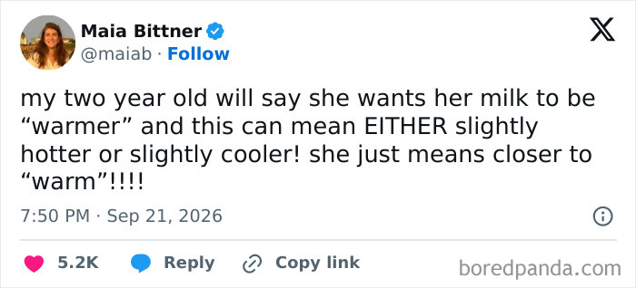 An X post featuring parents vented on social media about their toddler's logic regarding warm milk.
