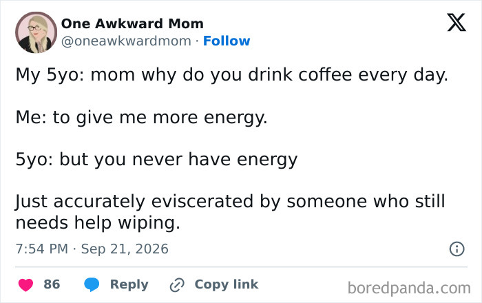 An amusing post from parents on social media about a kid asking why they drink coffee.