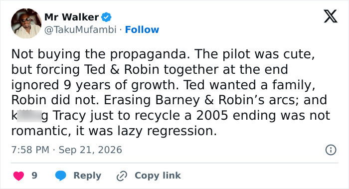A social media post arguing against the ending of the hit show A social media post arguing against the ending of the hit show