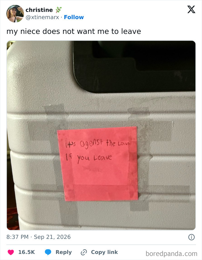 A sticky note on a suitcase showing how parents vented about a niece not wanting them to leave.