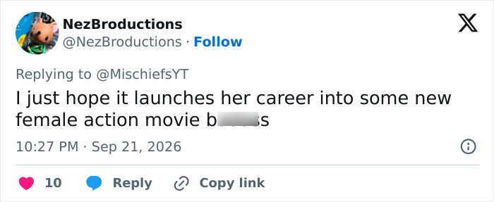 A social media comment about a Hollywood Actress’ Physique and her potential future in action movies. A social media comment about a Hollywood Actress’ Physique and her potential future in action movies.