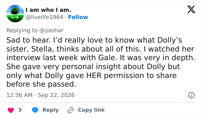 A user comment on social media mentioning Dolly Parton and her sister Stella A user comment on social media mentioning Dolly Parton and her sister Stella