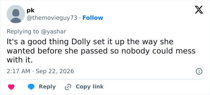 A social media comment discussing the final wishes of Dolly Parton A social media comment discussing the final wishes of Dolly Parton
