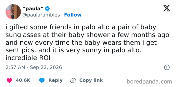 An X post showing parents vented on social media about the great ROI on baby sunglasses.