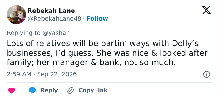 Tweet about relatives parting ways with Dolly Parton's businesses. Tweet about relatives parting ways with Dolly Parton's businesses.