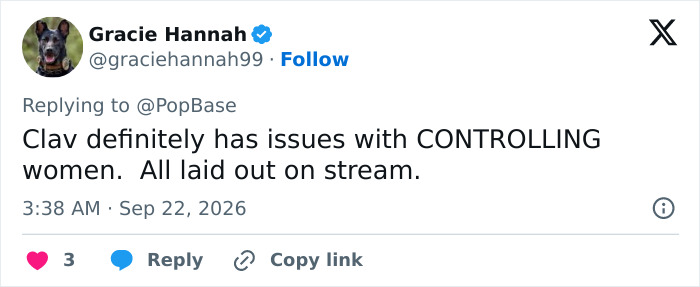 A tweet by Gracie Hannah commenting on looksmaxxing influencer Clavicular controlling women on stream. A tweet by Gracie Hannah commenting on looksmaxxing influencer Clavicular controlling women on stream.