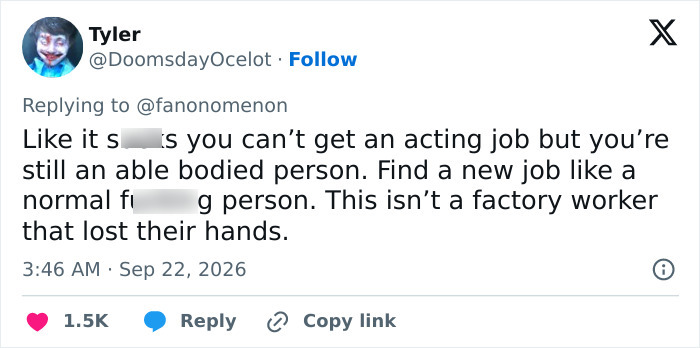 A tweet criticising a trans actor's plea, advising them to find a normal job. A tweet criticising a trans actor's plea, advising them to find a normal job.