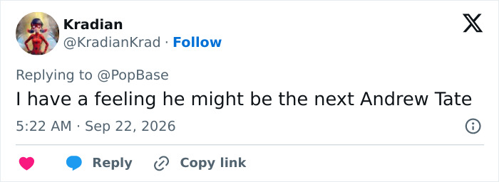 A social media comment comparing looksmaxxing influencer Clavicular to Andrew Tate. A social media comment comparing looksmaxxing influencer Clavicular to Andrew Tate.