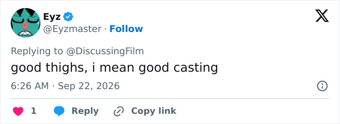 A social media comment praising the casting choice and Hollywood Actress’ Physique. A social media comment praising the casting choice and Hollywood Actress’ Physique.