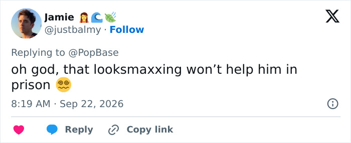 A Tweet about Looksmaxxing Influencer Clavicular, noting that looksmaxxing won’t help him in prison. A Tweet about Looksmaxxing Influencer Clavicular, noting that looksmaxxing won’t help him in prison.