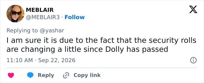 Tweet mentioning security roles changing since Dolly Parton passed. Tweet mentioning security roles changing since Dolly Parton passed.