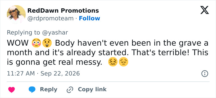 Tweet reacting to messy family drama shortly after Dolly Parton's passing. Tweet reacting to messy family drama shortly after Dolly Parton's passing.