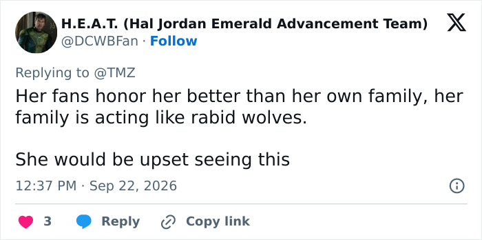 Tweet commenting on Dolly Parton's family after her passing. Tweet commenting on Dolly Parton's family after her passing.