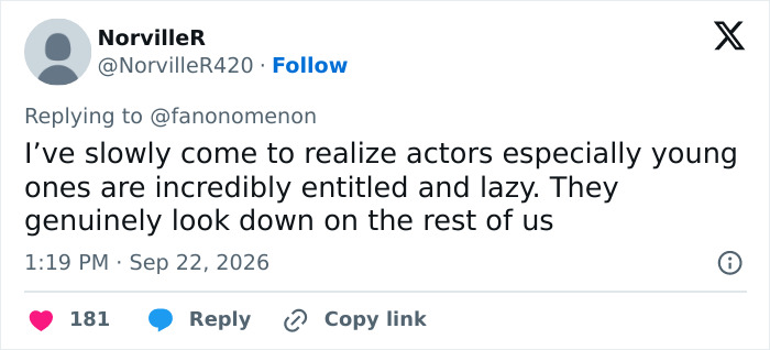 A social media comment about trans actor's plea, labeling actors as entitled and lazy. A social media comment about trans actor's plea, labeling actors as entitled and lazy.