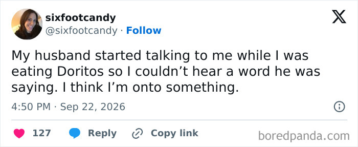 Humorous and funny tweets about a wife eating Doritos to block out her husband's voice