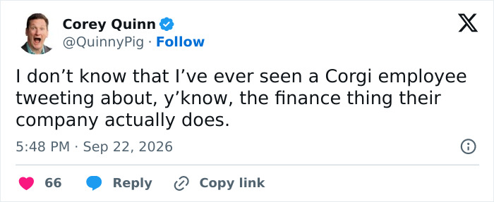Tweet unsure about Corgi employees tweeting on company finance