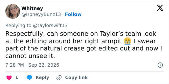 Tweet by Whitney asking Taylor Swift team to fix the editing on her right armpit crease. Tweet by Whitney asking Taylor Swift team to fix the editing on her right armpit crease.